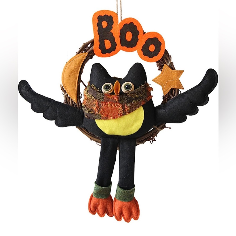 Black Owl Boo Grapevine Wreath For Doors, Windows, Walls 14.3 inches